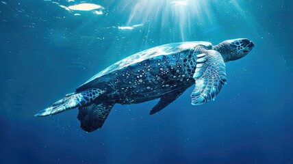 Fototapeta premium Sea turtle swimming gracefully underwater, illuminated by sunlight