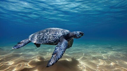 Fototapeta premium Sea turtle swims underwater over sandy seafloor illuminated by sunlight
