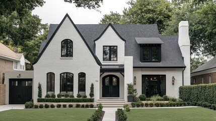 White brick house with black trim and windows, a black door, a black garage door, and a gray slate roof.