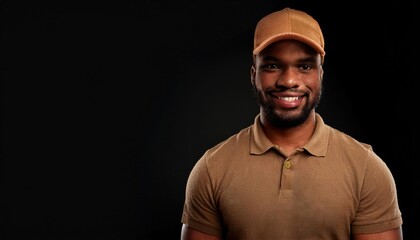 Naklejka premium Smiling Man in Brown Cap Against Black Background