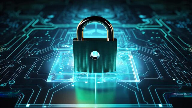 metal lock with electronic light trail glowing background, Cybersecurity and data management concept