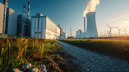 Industrial complex with chimneys, smokestacks, and wind turbines on sunny day