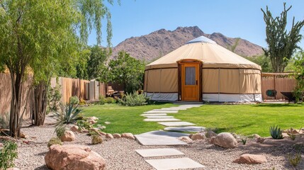 A wooden door on a tan yurt with a stone pathway leading to it in front of a mountain.