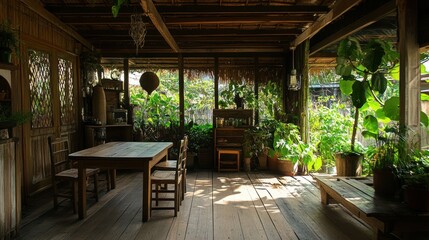 Fototapeta premium A wooden dining table and chairs in a rustic setting with a view of lush greenery outside the windows.