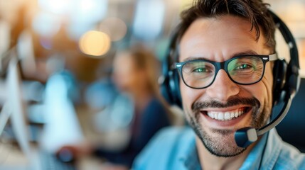 Obraz premium A customer support agent wearing headphones and working in a busy office environment, symbolizing modern customer service and communication in a professional setting.
