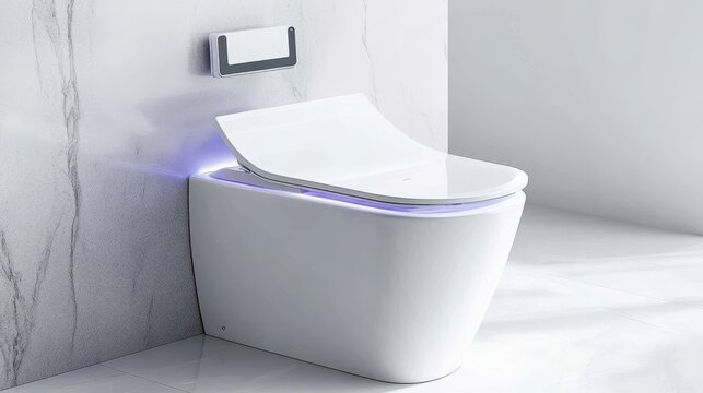 Compact bathroom design highlighting a rotating brush holder, customizable LED display, and a smart toilet with bidet function and heated seat