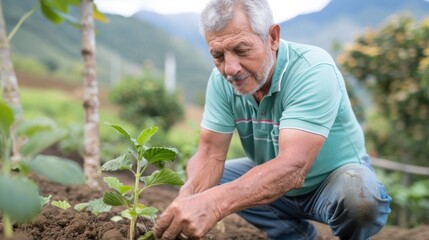 Fototapeta premium An elderly man with silver hair, wearing a teal-colored polo, is seen kneeling and planting a sapling in a lush, rural garden, symbolizing care and nurturing.