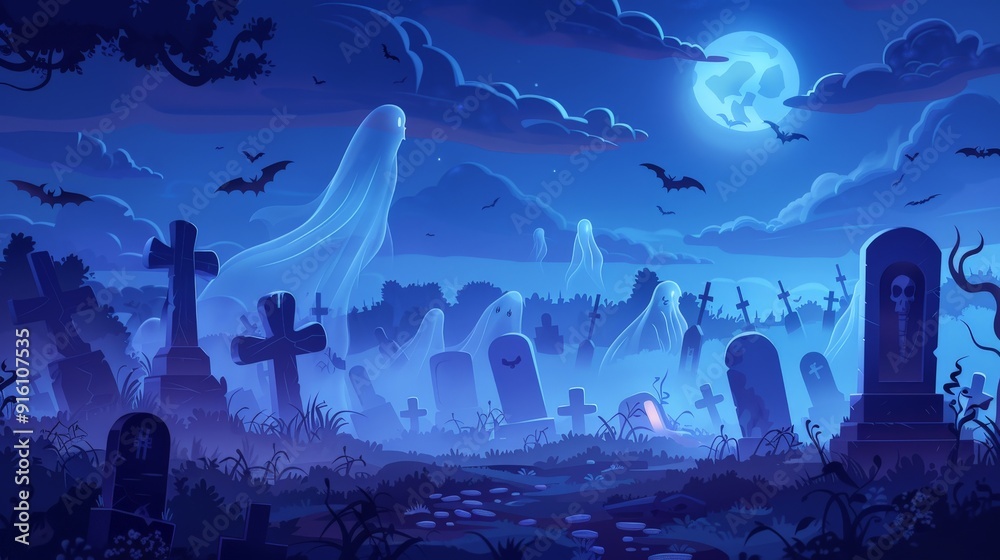 Poster Illustrate a graveyard at night with tombstones, mist, and ghostly apparitions floating among the graves, ideal for Halloween.