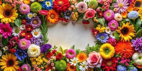 Frame filled with various colorful and vibrant flowers, floral, bouquet, arrangement, garden, nature, botanical, petal, blossom