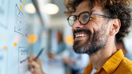 The image shows a man writing on a board, emphasizing his engagement and creativity. The focus is on generating ideas, with others working in the background.