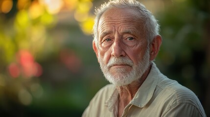 Elderly man in a garden, looking confused but peaceful