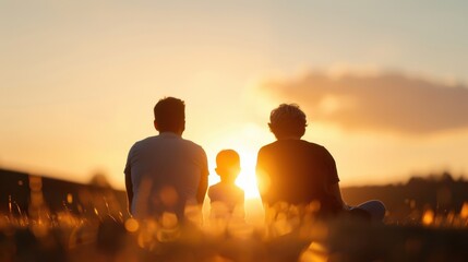 Three individuals from a family are sitting closely together in the grass, watching the sun set on the horizon, spending quality time and creating cherished moments collectively.