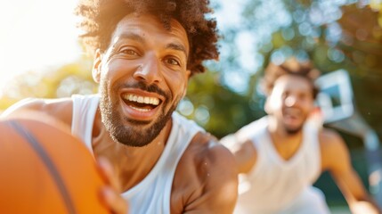 Fototapeta premium A man enthusiastically playing a game of basketball outdoors on a sunny day, captured in a moment of excitement and joy, exuding energy and passion for the sport.