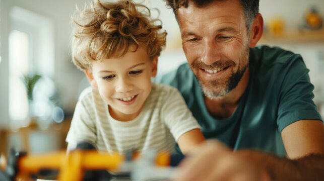 A father and son creatively engaging with a toy airplane indoors, showcasing an imaginative playtime moment filled with joy, bonding, and shared creativity in a home setting.