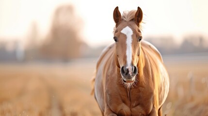 Obraz premium A majestic horse is captured running in a golden wheat field during sunset, showcasing its grace and beauty against a backdrop of soft focus trees.
