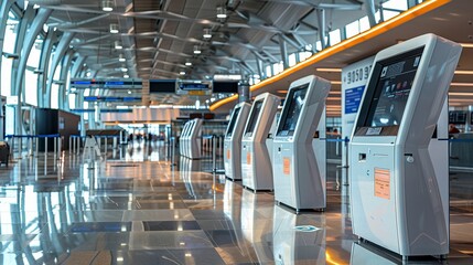 Obraz premium Imagine the efficiency of a modern airport's automated check-in kiosks, where passengers swiftly handle their boarding passes and luggage tags.