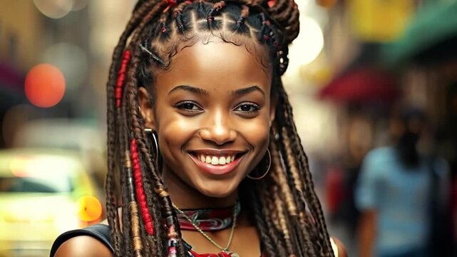 closeup portrait of young African pretty woman wearing braid hairstyle 