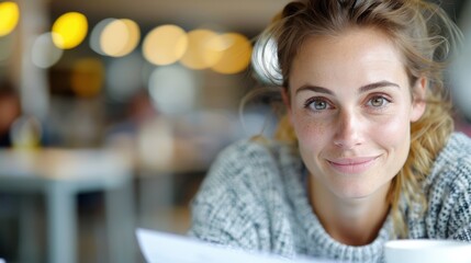 A woman with blonde hair sits in a cozy caf&eacute;, smiling warmly over a cup of coffee, conveying a sense of contentment and relaxation in this comfortable and inviting setting.