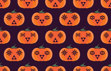 A Halloween pumpkin Jack O Lantern pattern seamless tiling background design illustration