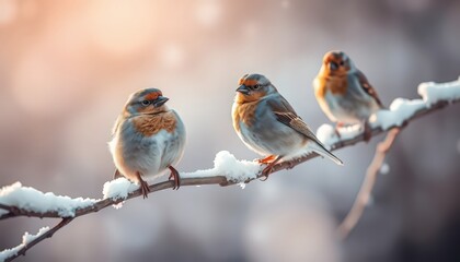 Three Birds on a Snowy Branch.