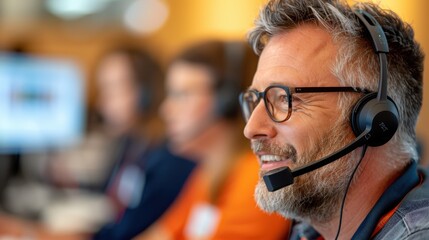 Team of customer service representatives wearing headsets working diligently at desks in a busy call center, focused on providing assistance and support to clients over calls.