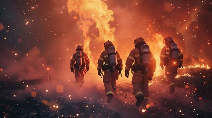 Fototapeta premium In a cinematic image, five firefighters stride confidently towards a small fire composed of digital particles and grids. The scene emphasizes their bravery and the modern
