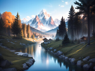 Fototapeta premium Summer mountain river lake with alps view - Oil Painting