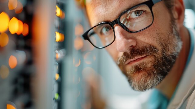 A technician closely examining server equipment in a data center, focusing on the controls and connections, symbolizing technical expertise and maintenance of networks.