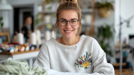 Obraz premium A woman wearing glasses, smiling warmly in a cozy and creative studio setting, adorned with plants and crafts, indicating a joyful and artistic atmosphere.