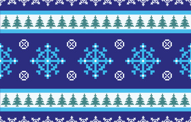 Christmas and New Year green and white seamless pattern, fairytale pixel pattern in white and green with Nordic snowflakes for winter hats, ugly sweaters, jumpers. wallpaper, paper or other design