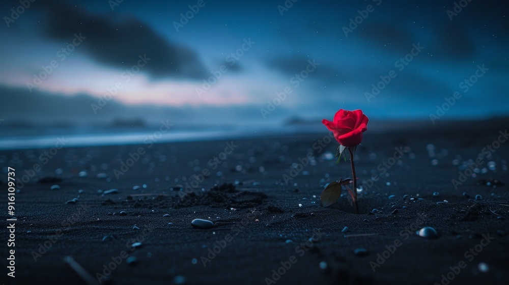 Poster In the calm of a black-sand beach at night, a rose flower stands alone, its petals illuminated by the soft light of the moon.