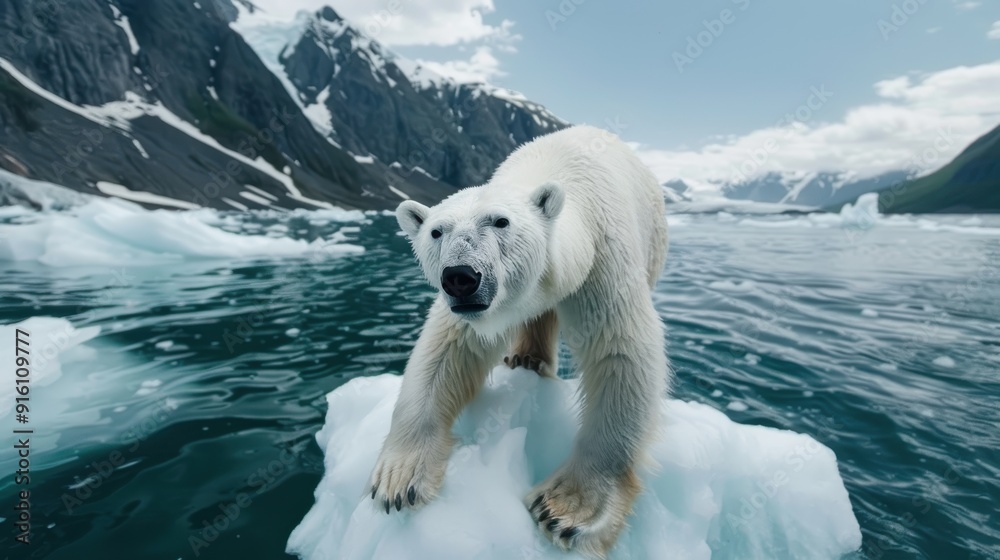 Wall mural a solitary polar bear stands on a small piece of ice surrounded by icy waters and rugged mountains, 