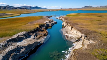 Fototapeta premium A river carves through arid terrain, meeting a tranquil lake with distant mountains in the background, showcasing a striking contrast between land and water.