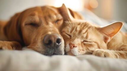 A serene image of a dog and cat sleeping together on a comfortable bed, highlighting the bond and companionship between these two beloved pets.