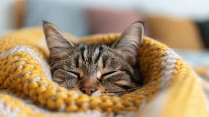 Plakat A peaceful cat sleeps comfortably wrapped in a cozy yellow knit blanket, showcasing the warmth and relaxation of a cherished pet in a homely environment.