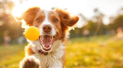 An enthusiastic dog is chasing a yellow ball in a sunny park during midday, showcasing the joy and energy of a pet at play with vibrant greenery in the background.