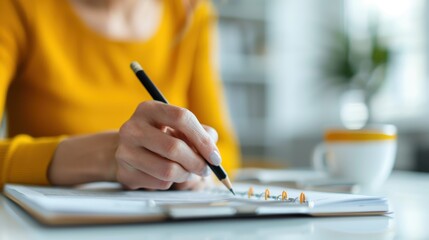 A close-up shot of a person writing in a spiral notebook, dressed in a yellow sweater, with a cup of coffee on the desk, in a bright and cozy workspace.