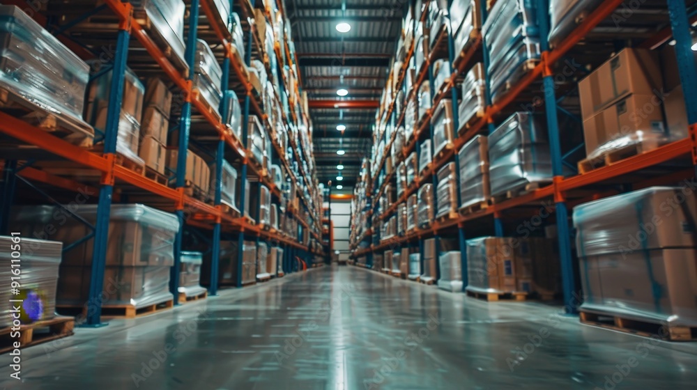 Wall mural Inside a warehouse dedicated to e-commerce, goods are picked, packed, and shipped with precision.