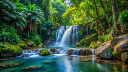 Fototapeta premium River stream waterfall surrounded by lush tropical forest, with rocks creating a calming and serene atmosphere, Water