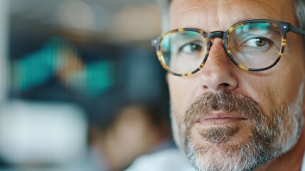An older man with stylish tortoise-shell glasses and grey beard looking into the distance with a pensive expression, symbolizing contemplation, wisdom, and reflective thoughts.