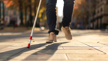Blind Person Using White Cane In City. Visually Impaired Person Walking On Sidewalk