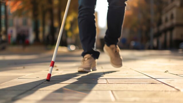 Blind Person Using White Cane In City. Visually Impaired Person Walking On Sidewalk