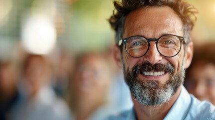 A man with glasses and a gray beard smiles at an event, with a crowd around him in a well-lit space, exuding a sense of joy and community engagement.