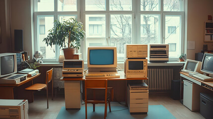 Vintage computer setup in a retro office space.