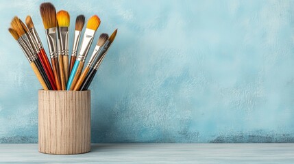 Obraz premium A handcrafted wooden brush holder filled with vibrant painting tools, set against a rustic background, highlighting craftsmanship and artistry