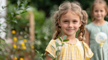 Two young girls with pigtails, smiling and enjoying a sunny day in a blooming garden. They are surrounded by greenery and vibrant flowers, capturing the innocence and joy of childhood.