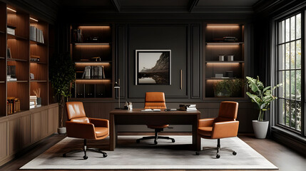 Modern office interior with dark wood and leather furniture.