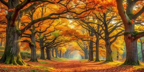 Vibrant autumn colors in an enchanting oak forest, autumn, oak trees, foliage, leaves, vibrant, beautiful, season, nature