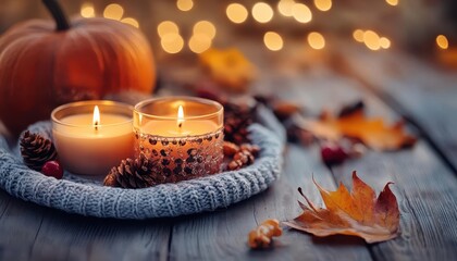 Cozy fall candles, warm glow, close-up, inviting