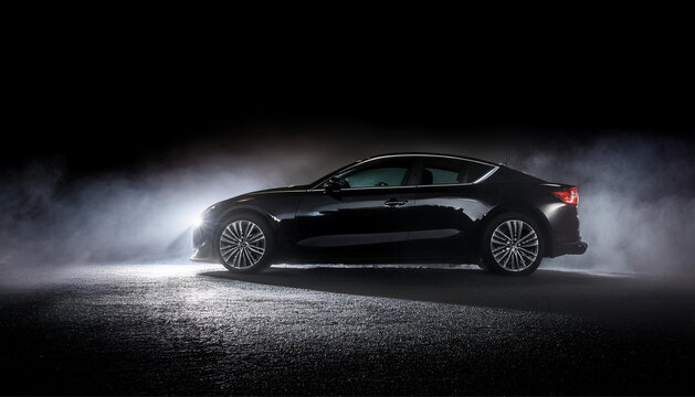 black car on road with mist, luxury car